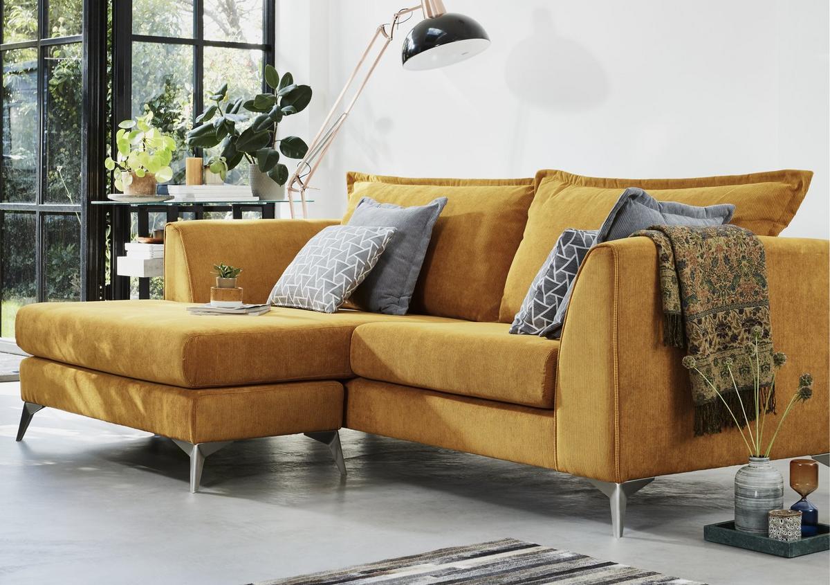 Yellow chaise sofa with grey accents